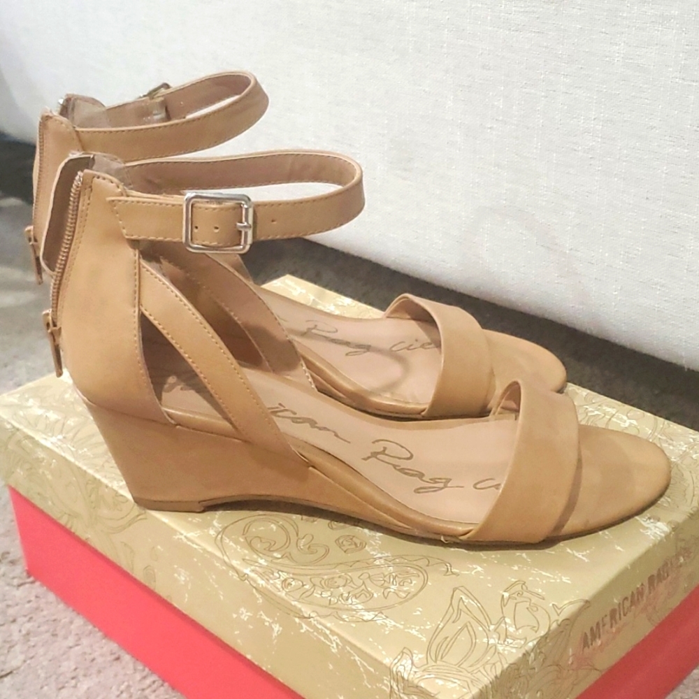 Tan American Rag small wedge sandal, size 7.5